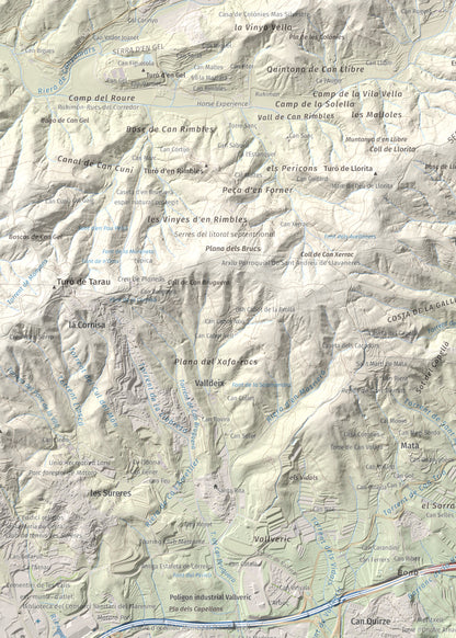 Mapa de relieve de Turó d'Onofre Arnau, 131 m, Maresme, lámina 100 Cims de Trobart. Detalle de la zona superior izquierda. 50 × 70 cm.