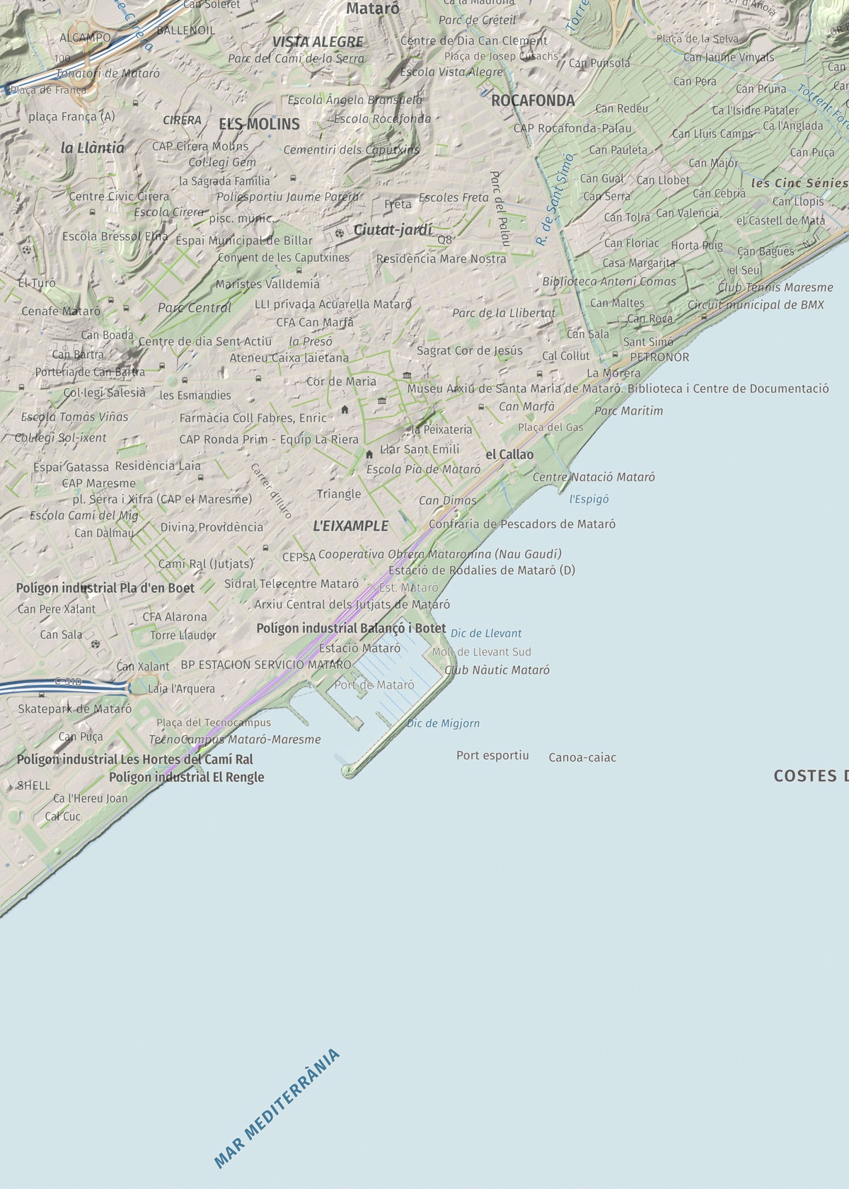 Mapa de relieve de Turó d'Onofre Arnau, 131 m, Maresme, lámina 100 Cims de Trobart. Detalle de la zona inferior izquierda. 50 × 70 cm.