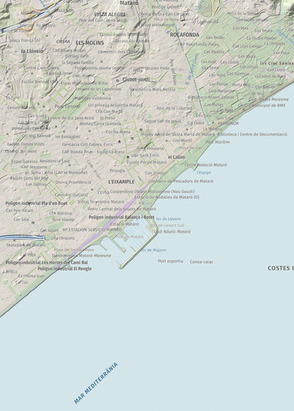 Mapa de relieve de Turó d'Onofre Arnau, 131 m, Maresme, lámina 100 Cims de Trobart. Detalle de la zona inferior izquierda. 50 × 70 cm.