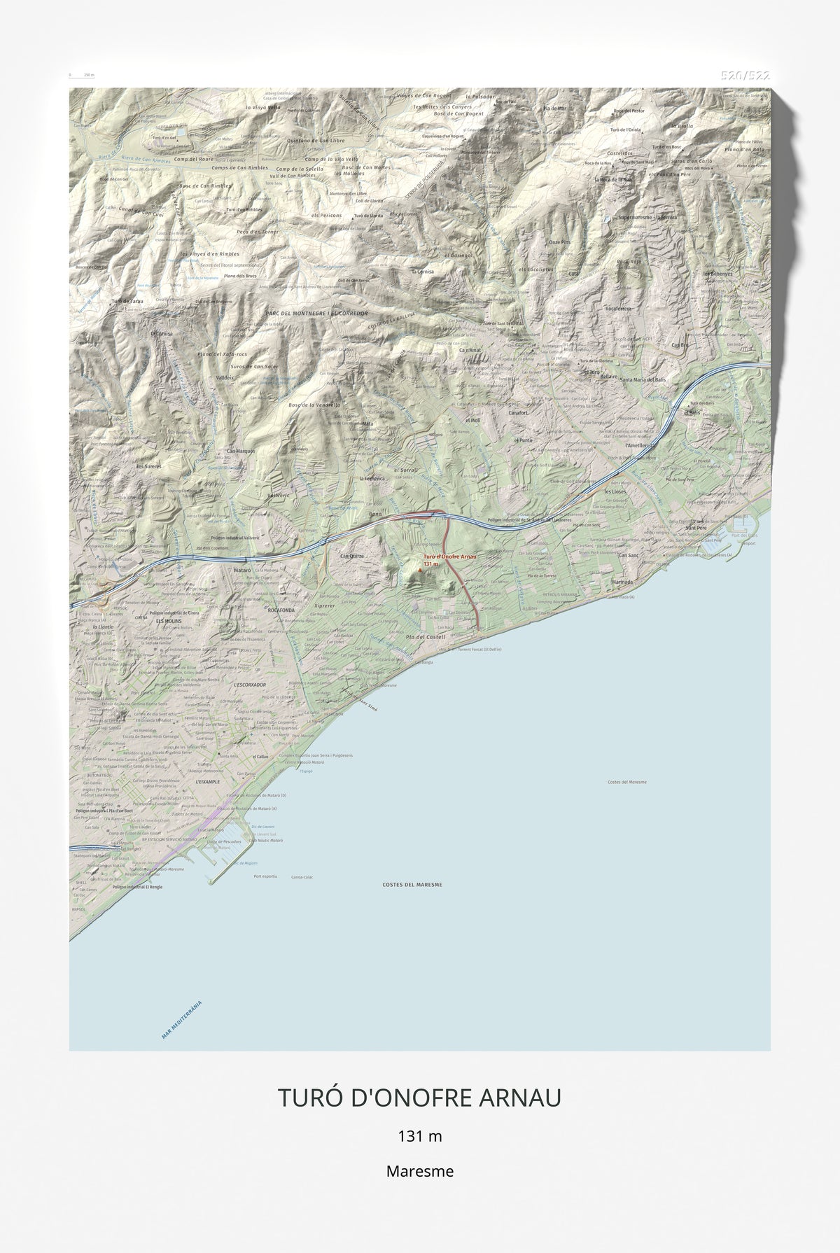 Mapa de relieve de Turó d'Onofre Arnau, 131 m, Maresme, lámina 100 Cims de Trobart 61 × 91 cm.