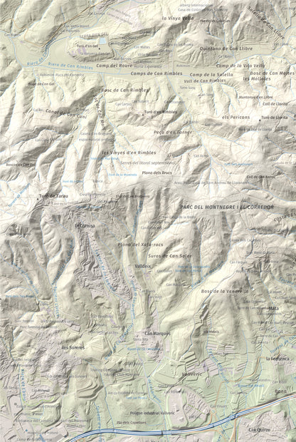 Mapa de relieve de Turó d'Onofre Arnau, 131 m, Maresme, lámina 100 Cims de Trobart. Detalle de la zona superior izquierda. 61 × 91 cm.