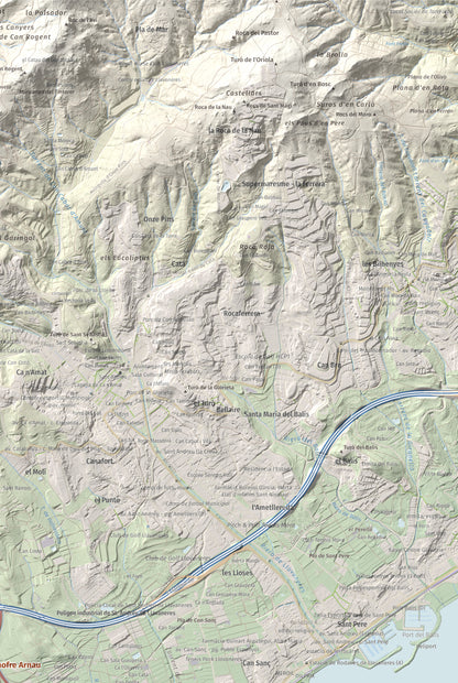 Mapa de relieve de Turó d'Onofre Arnau, 131 m, Maresme, lámina 100 Cims de Trobart. Detalle de la zona superior derecha. 61 × 91 cm.