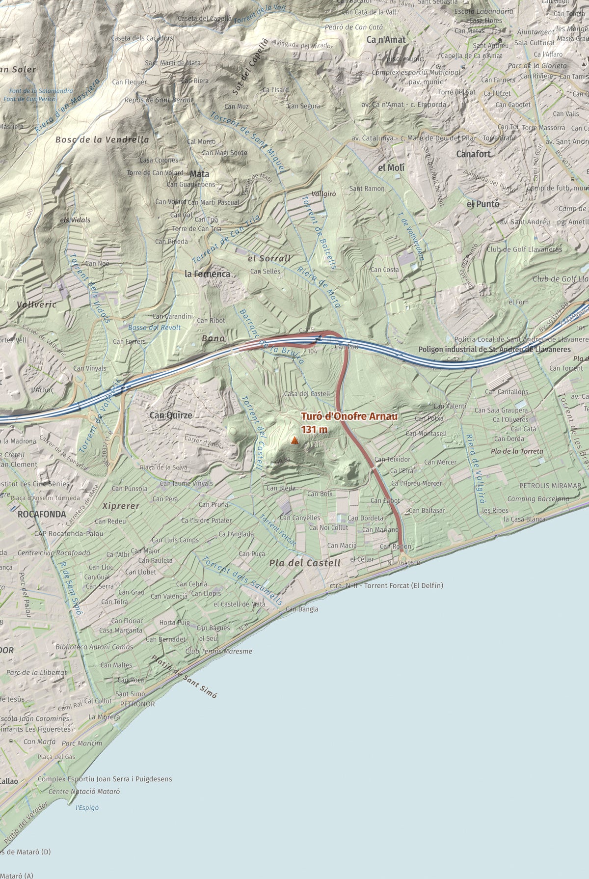 Mapa de relieve de Turó d'Onofre Arnau, 131 m, Maresme, lámina 100 Cims de Trobart. Detalle de la zona central. 61 × 91 cm.