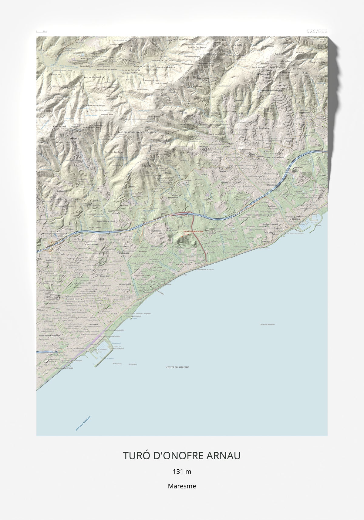 Mapa de relieve de Turó d'Onofre Arnau, 131 m, Maresme, lámina 100 Cims de Trobart 70 × 100 cm.