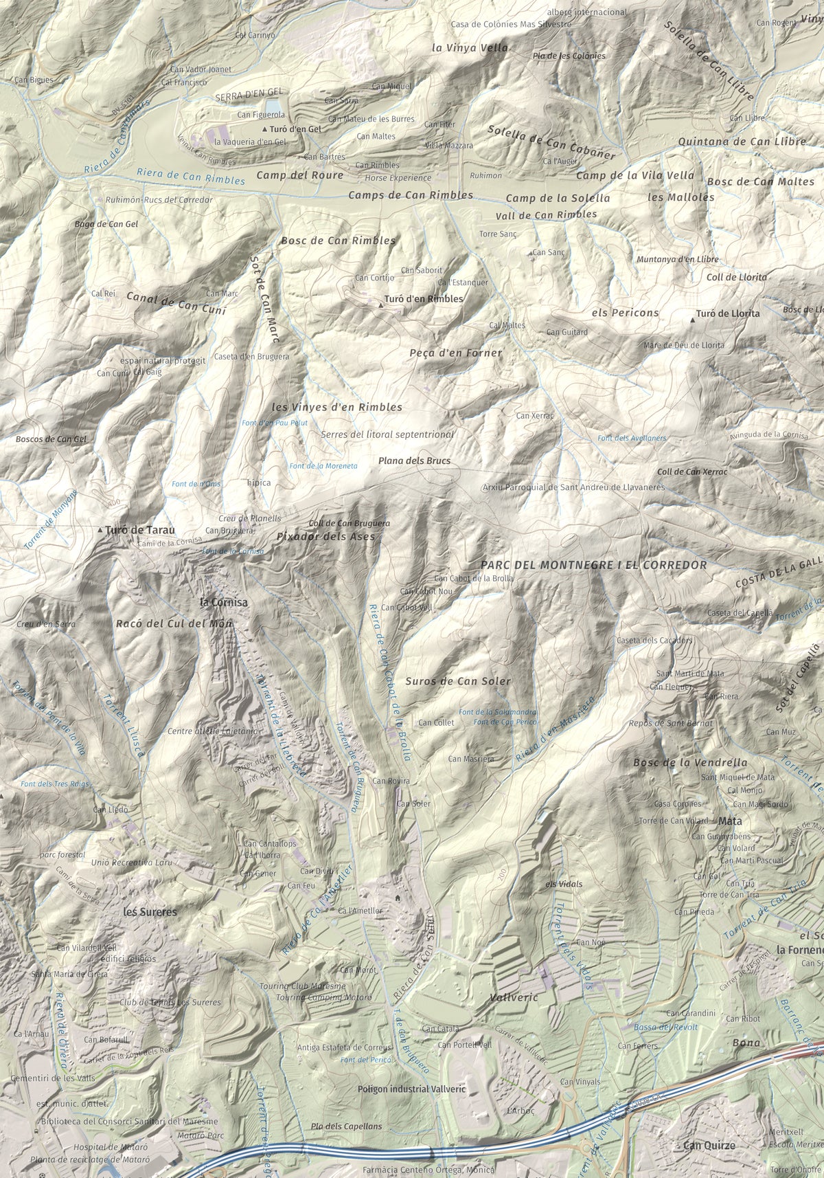 Mapa de relieve de Turó d'Onofre Arnau, 131 m, Maresme, lámina 100 Cims de Trobart. Detalle de la zona superior izquierda. 70 × 100 cm.
