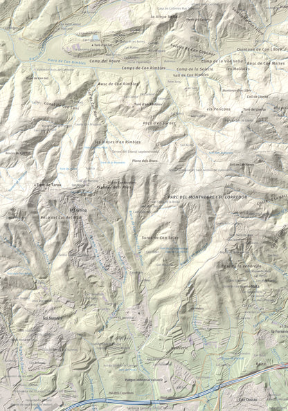 Mapa de relieve de Turó d'Onofre Arnau, 131 m, Maresme, lámina 100 Cims de Trobart. Detalle de la zona superior izquierda. 70 × 100 cm.