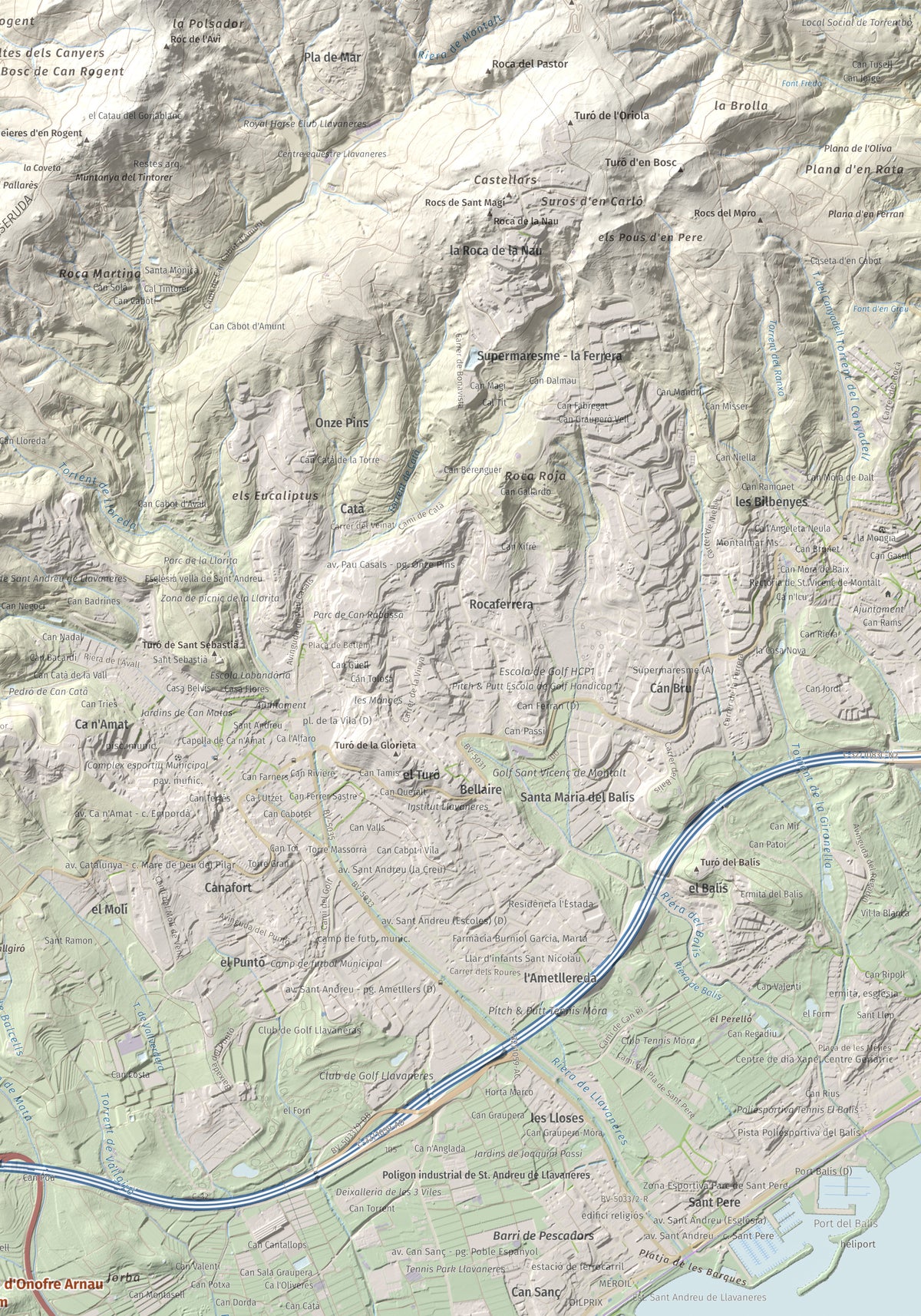 Mapa de relieve de Turó d'Onofre Arnau, 131 m, Maresme, lámina 100 Cims de Trobart. Detalle de la zona superior derecha. 70 × 100 cm.