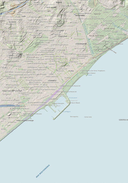 Mapa de relieve de Turó d'Onofre Arnau, 131 m, Maresme, lámina 100 Cims de Trobart. Detalle de la zona inferior izquierda. 70 × 100 cm.