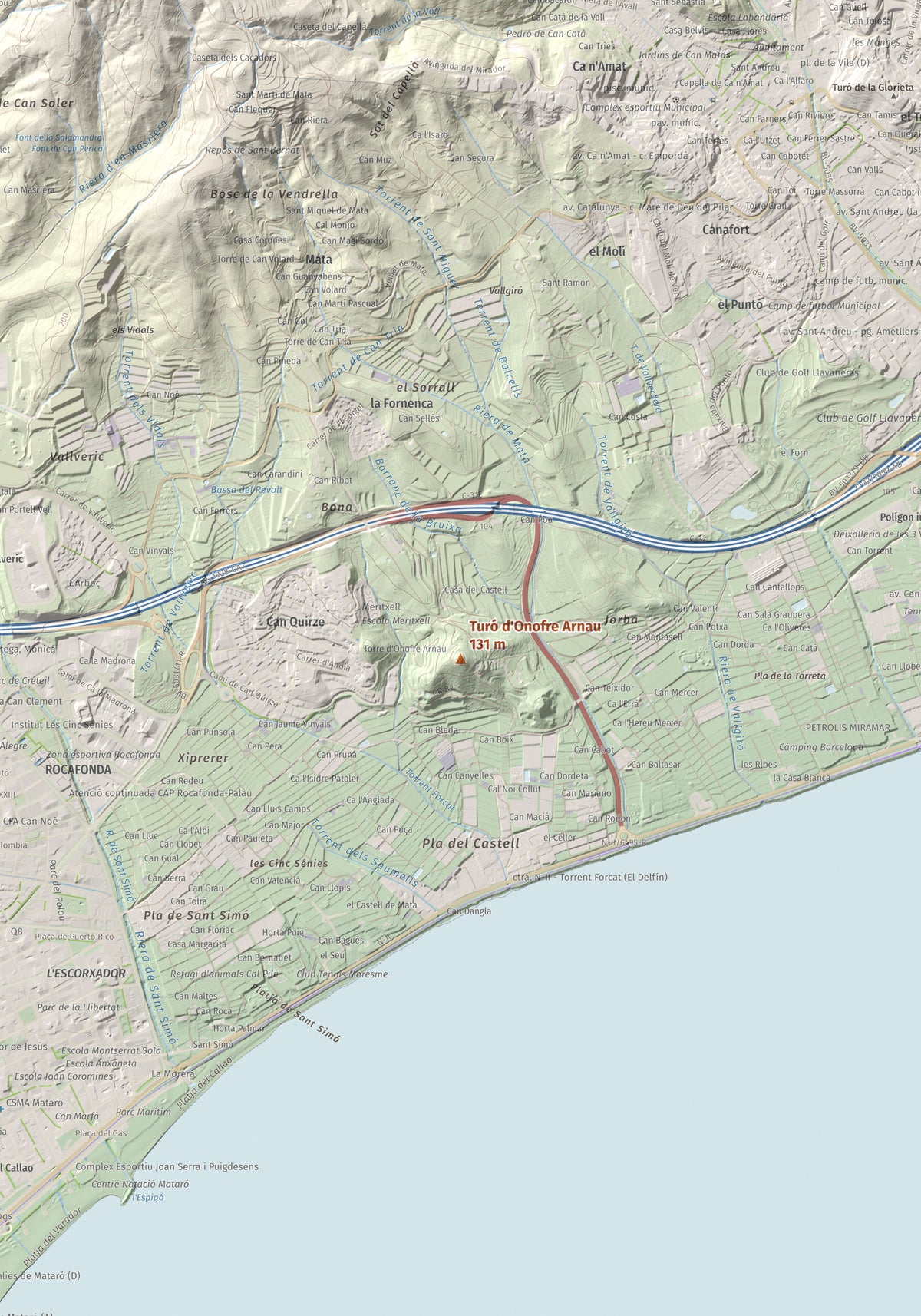 Mapa de relieve de Turó d'Onofre Arnau, 131 m, Maresme, lámina 100 Cims de Trobart. Detalle de la zona central. 70 × 100 cm.