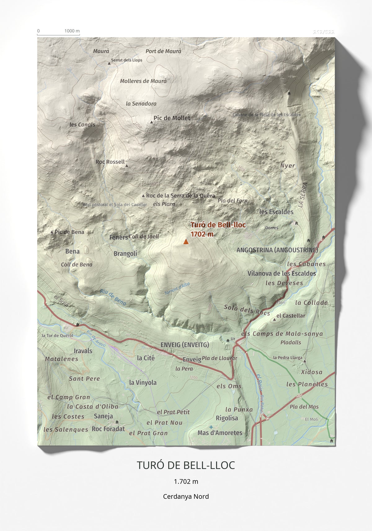 Mapa de relieve de Turó de Bell-lloc, 1702 m, Cerdanya Nord, lámina 100 Cims de Trobart 21 × 30 cm.