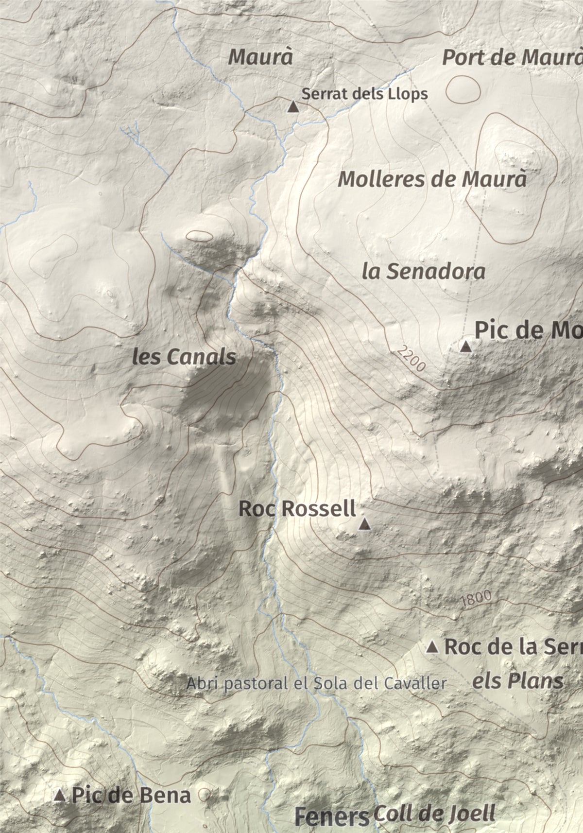 Mapa de relieve de Turó de Bell-lloc, 1702 m, Cerdanya Nord, lámina 100 Cims de Trobart. Detalle de la zona superior izquierda. 21 × 30 cm.