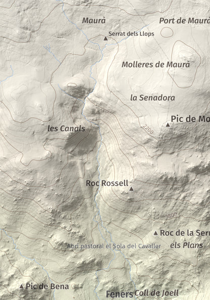 Mapa de relieve de Turó de Bell-lloc, 1702 m, Cerdanya Nord, lámina 100 Cims de Trobart. Detalle de la zona superior izquierda. 21 × 30 cm.