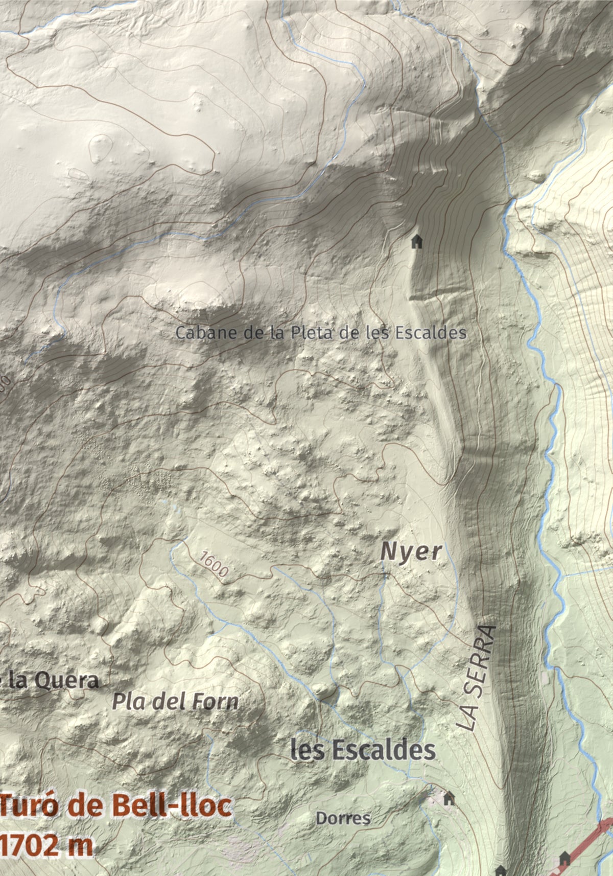 Mapa de relieve de Turó de Bell-lloc, 1702 m, Cerdanya Nord, lámina 100 Cims de Trobart. Detalle de la zona superior derecha. 21 × 30 cm.
