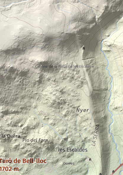 Mapa de relieve de Turó de Bell-lloc, 1702 m, Cerdanya Nord, lámina 100 Cims de Trobart. Detalle de la zona superior derecha. 21 × 30 cm.