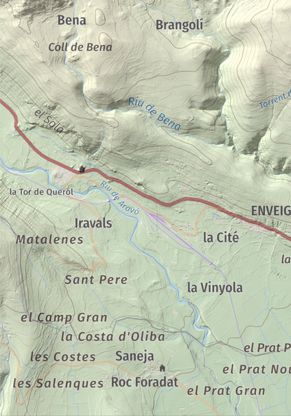 Mapa de relieve de Turó de Bell-lloc, 1702 m, Cerdanya Nord, lámina 100 Cims de Trobart. Detalle de la zona inferior izquierda. 21 × 30 cm.