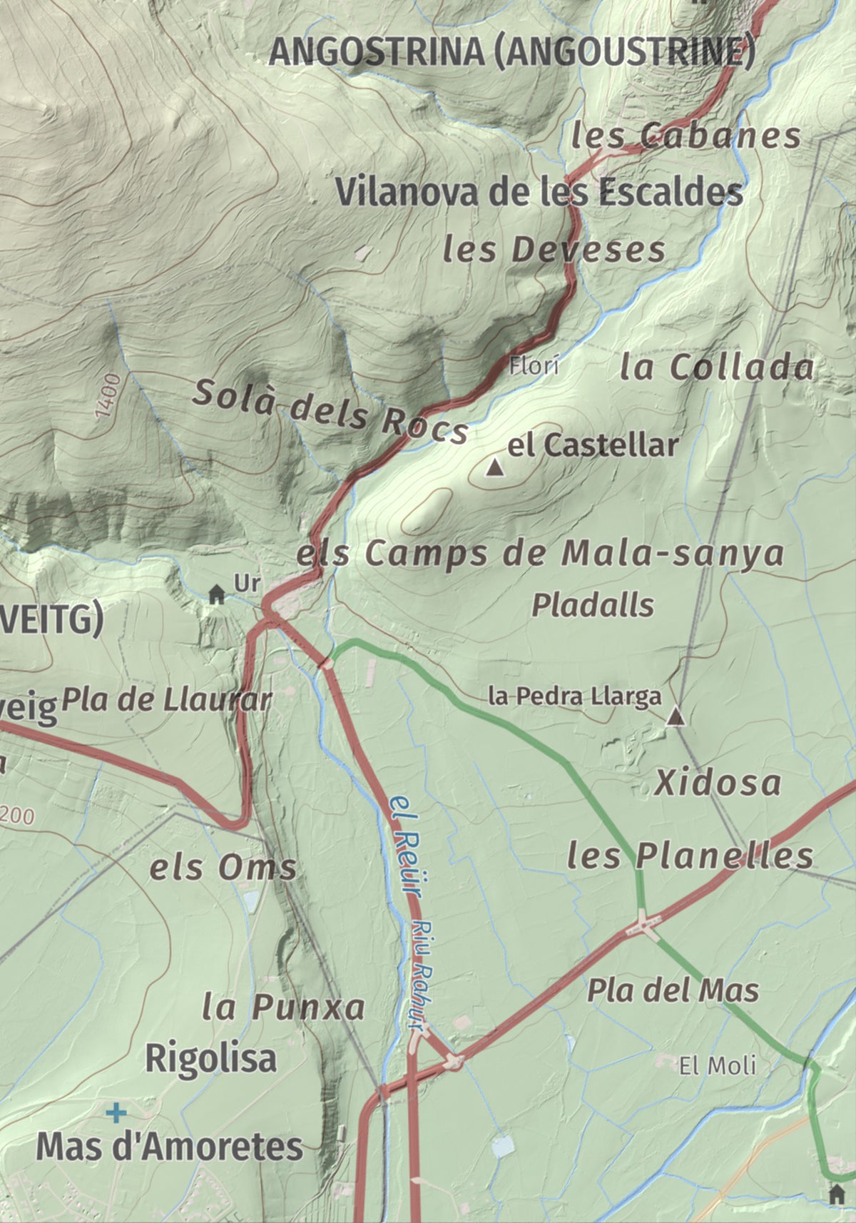 Mapa de relieve de Turó de Bell-lloc, 1702 m, Cerdanya Nord, lámina 100 Cims de Trobart. Detalle de la zona inferior derecha. 21 × 30 cm.