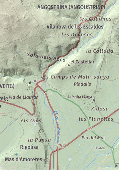 Mapa de relieve de Turó de Bell-lloc, 1702 m, Cerdanya Nord, lámina 100 Cims de Trobart. Detalle de la zona inferior derecha. 21 × 30 cm.