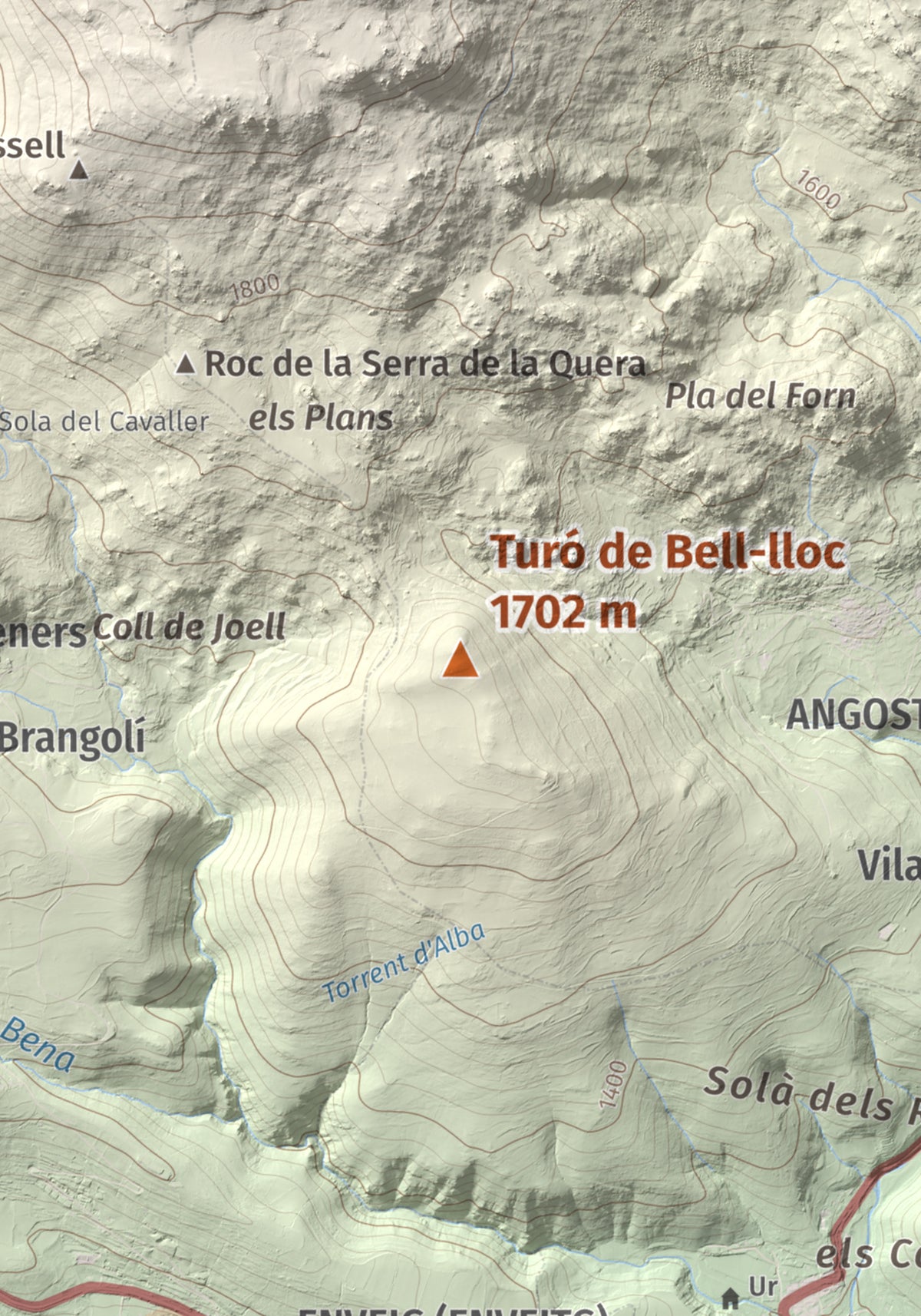 Mapa de relieve de Turó de Bell-lloc, 1702 m, Cerdanya Nord, lámina 100 Cims de Trobart. Detalle de la zona central. 21 × 30 cm.