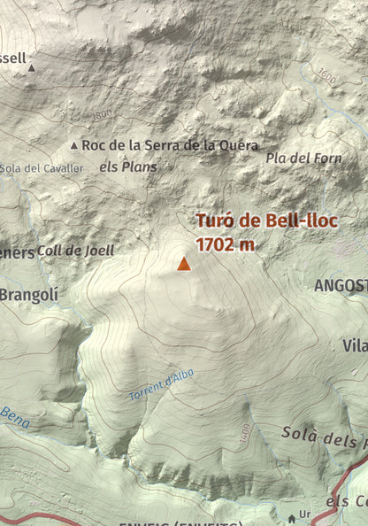 Mapa de relieve de Turó de Bell-lloc, 1702 m, Cerdanya Nord, lámina 100 Cims de Trobart. Detalle de la zona central. 21 × 30 cm.