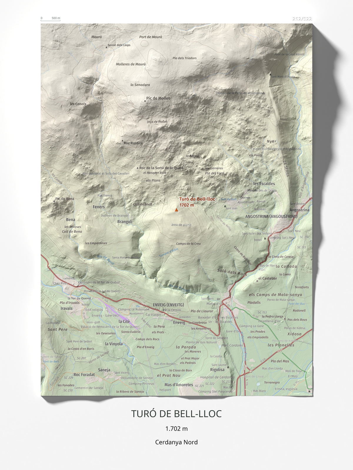Mapa de relieve de Turó de Bell-lloc, 1702 m, Cerdanya Nord, lámina 100 Cims de Trobart 30 × 40 cm.