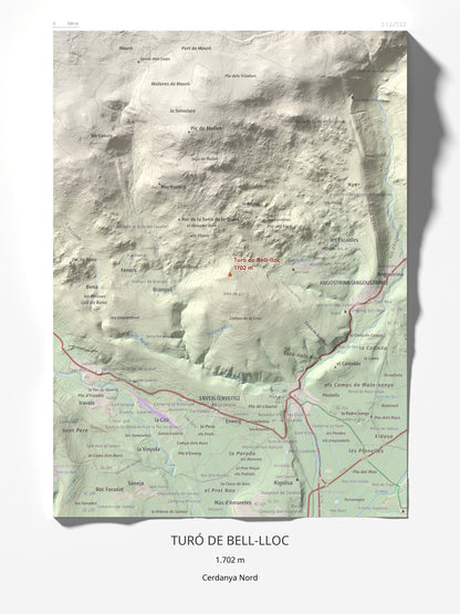 Mapa de relieve de Turó de Bell-lloc, 1702 m, Cerdanya Nord, lámina 100 Cims de Trobart 30 × 40 cm.