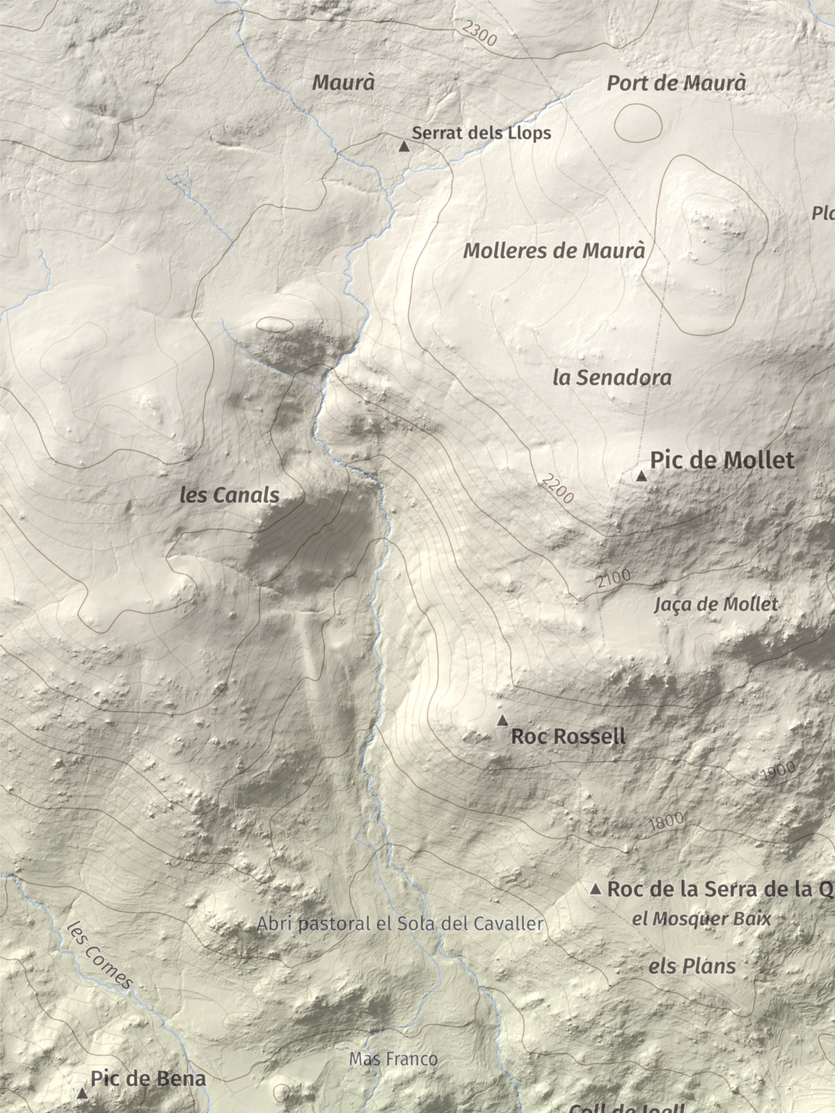 Mapa de relieve de Turó de Bell-lloc, 1702 m, Cerdanya Nord, lámina 100 Cims de Trobart. Detalle de la zona superior izquierda. 30 × 40 cm.