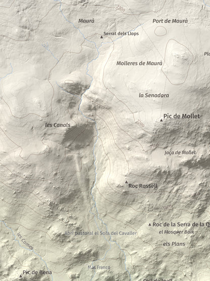 Mapa de relieve de Turó de Bell-lloc, 1702 m, Cerdanya Nord, lámina 100 Cims de Trobart. Detalle de la zona superior izquierda. 30 × 40 cm.