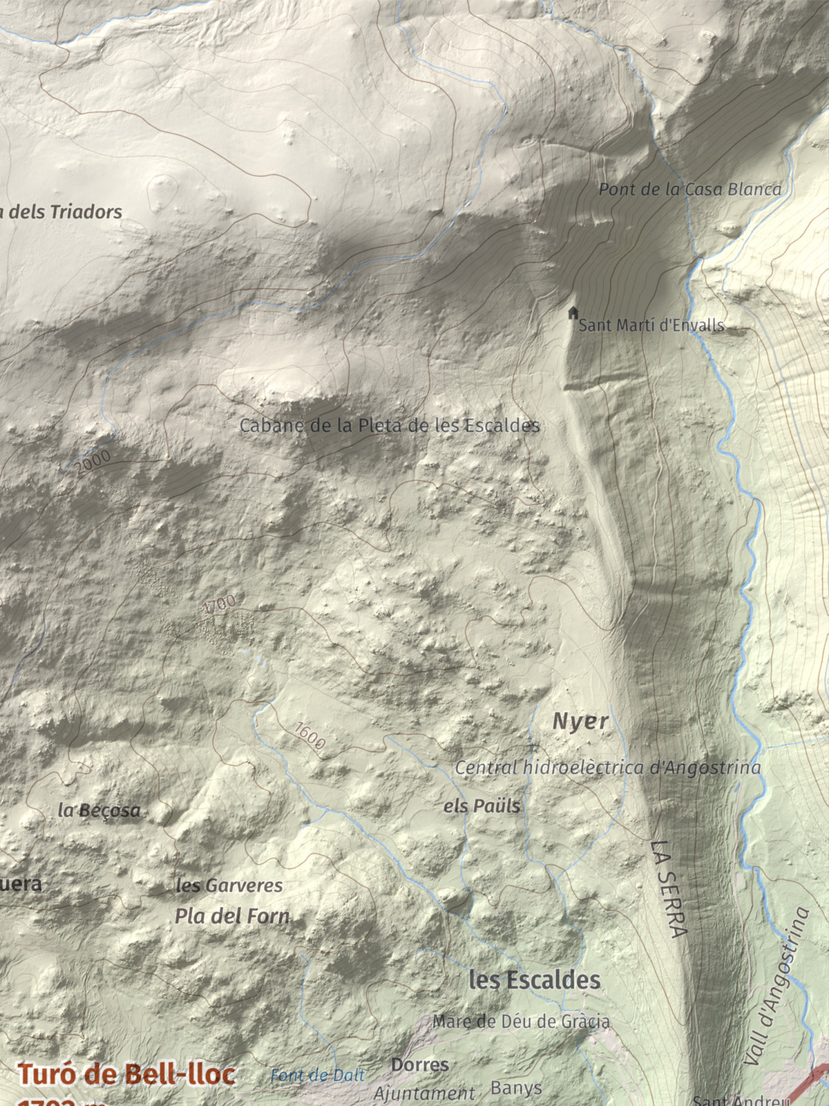 Mapa de relieve de Turó de Bell-lloc, 1702 m, Cerdanya Nord, lámina 100 Cims de Trobart. Detalle de la zona superior derecha. 30 × 40 cm.