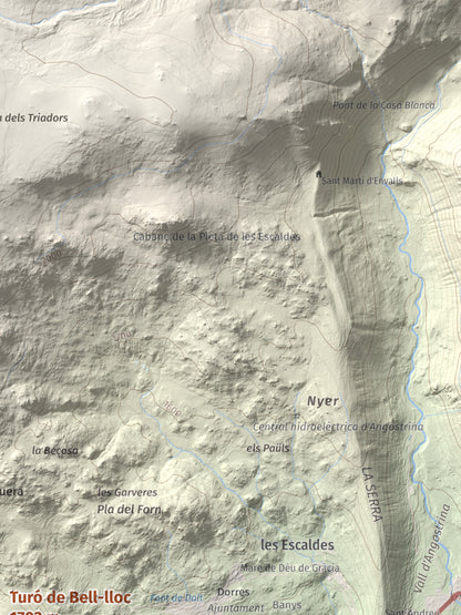 Mapa de relieve de Turó de Bell-lloc, 1702 m, Cerdanya Nord, lámina 100 Cims de Trobart. Detalle de la zona superior derecha. 30 × 40 cm.