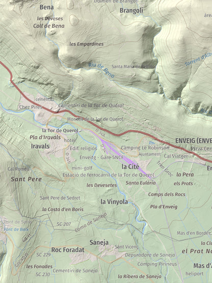 Mapa de relieve de Turó de Bell-lloc, 1702 m, Cerdanya Nord, lámina 100 Cims de Trobart. Detalle de la zona inferior izquierda. 30 × 40 cm.