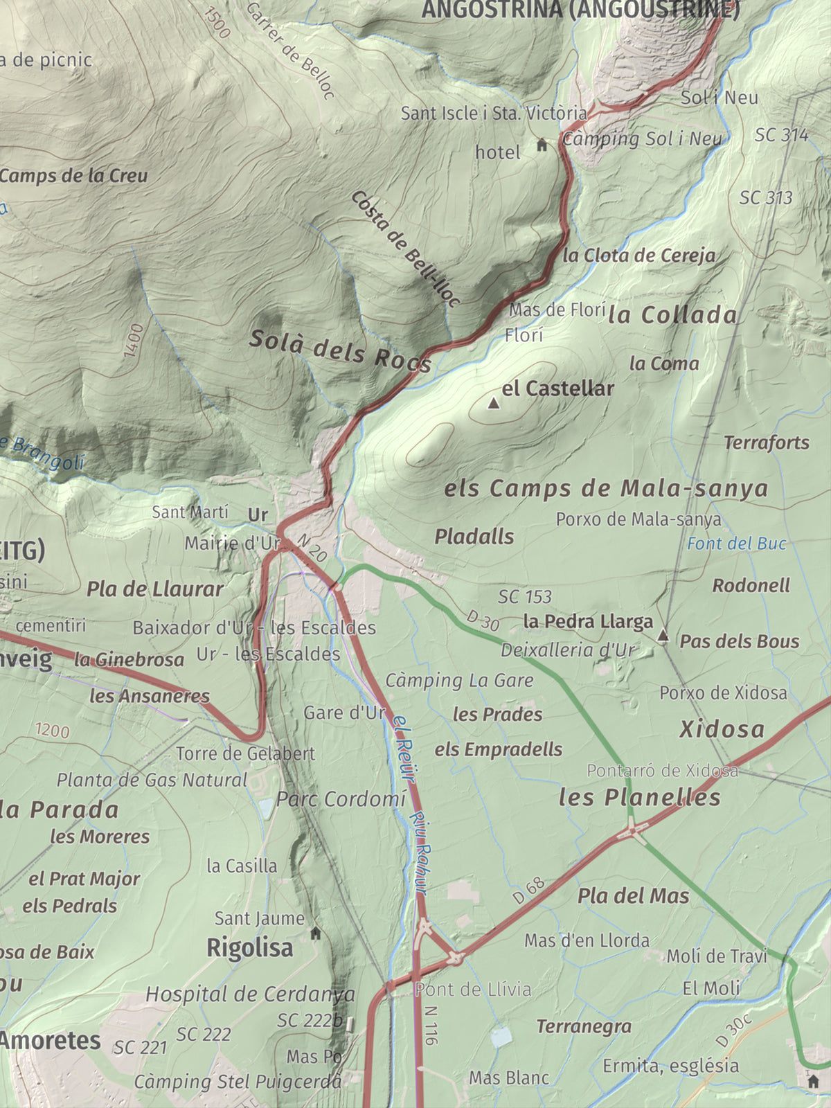 Mapa de relieve de Turó de Bell-lloc, 1702 m, Cerdanya Nord, lámina 100 Cims de Trobart. Detalle de la zona inferior derecha. 30 × 40 cm.