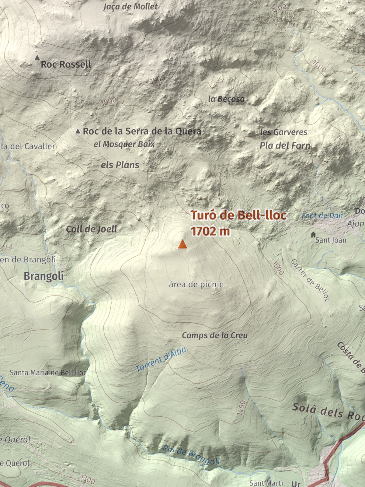 Mapa de relieve de Turó de Bell-lloc, 1702 m, Cerdanya Nord, lámina 100 Cims de Trobart. Detalle de la zona central. 30 × 40 cm.