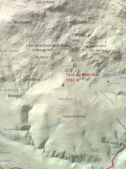 Mapa de relieve de Turó de Bell-lloc, 1702 m, Cerdanya Nord, lámina 100 Cims de Trobart. Detalle de la zona central. 30 × 40 cm.