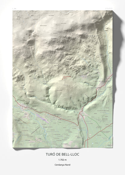 Mapa de relieve de Turó de Bell-lloc, 1702 m, Cerdanya Nord, lámina 100 Cims de Trobart 50 × 70 cm.