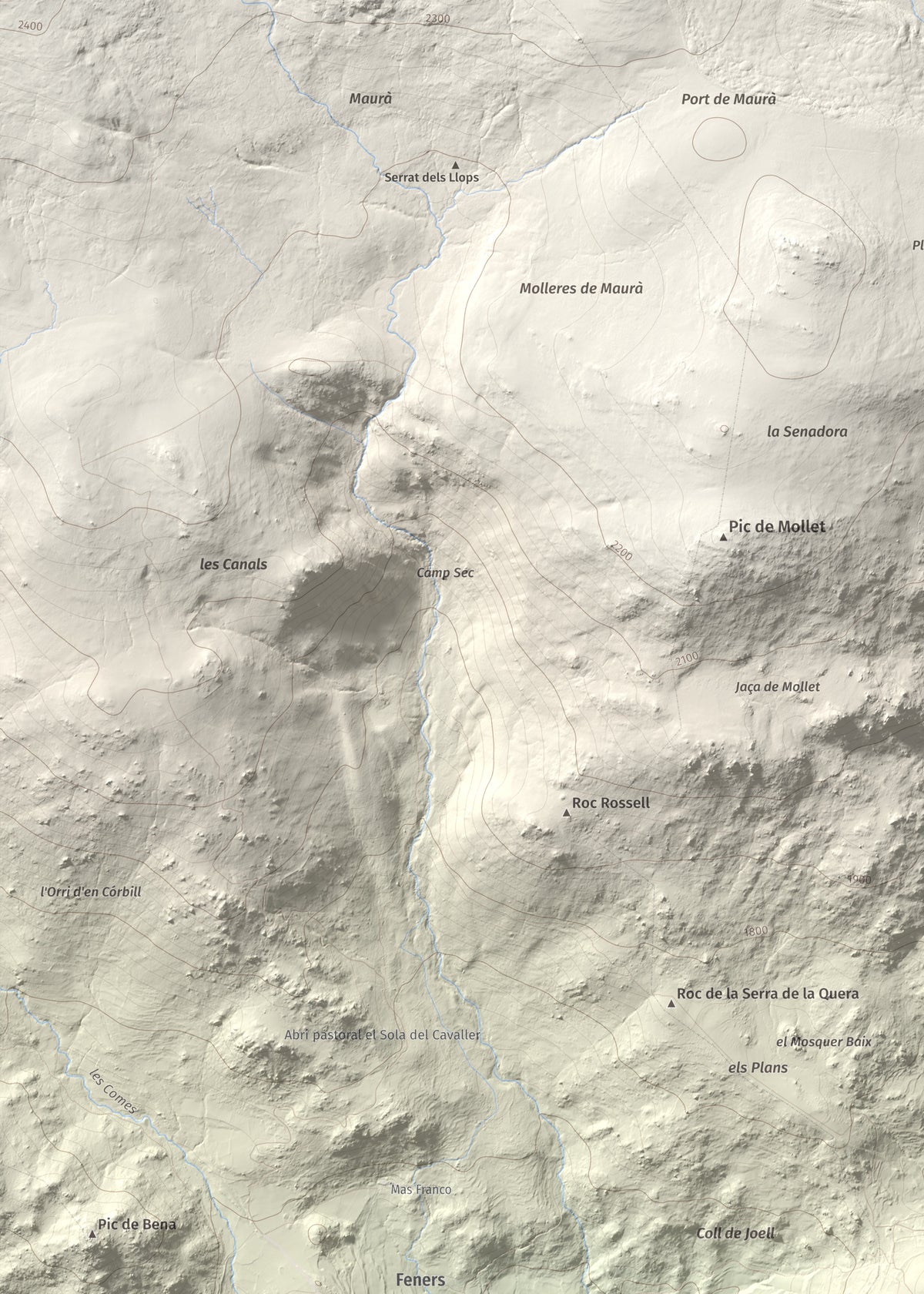 Mapa de relieve de Turó de Bell-lloc, 1702 m, Cerdanya Nord, lámina 100 Cims de Trobart. Detalle de la zona superior izquierda. 50 × 70 cm.