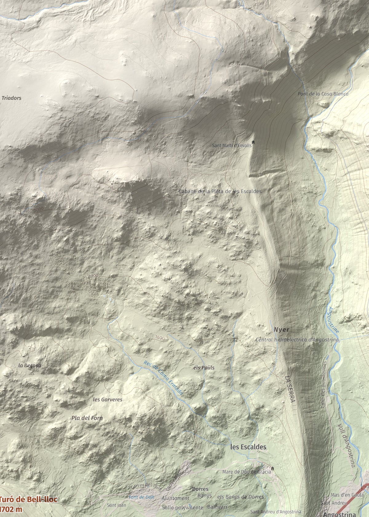 Mapa de relieve de Turó de Bell-lloc, 1702 m, Cerdanya Nord, lámina 100 Cims de Trobart. Detalle de la zona superior derecha. 50 × 70 cm.