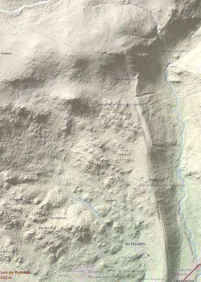 Mapa de relieve de Turó de Bell-lloc, 1702 m, Cerdanya Nord, lámina 100 Cims de Trobart. Detalle de la zona superior derecha. 50 × 70 cm.