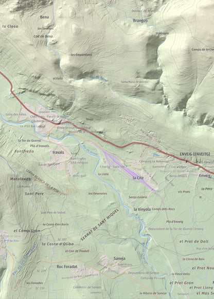 Mapa de relieve de Turó de Bell-lloc, 1702 m, Cerdanya Nord, lámina 100 Cims de Trobart. Detalle de la zona inferior izquierda. 50 × 70 cm.