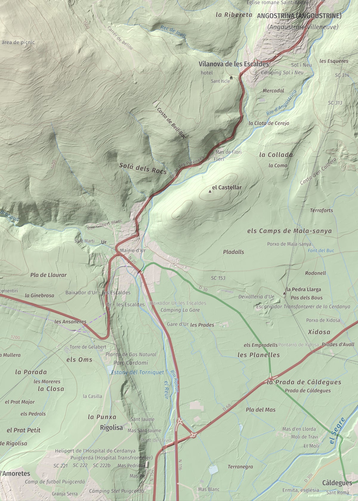Mapa de relieve de Turó de Bell-lloc, 1702 m, Cerdanya Nord, lámina 100 Cims de Trobart. Detalle de la zona inferior derecha. 50 × 70 cm.