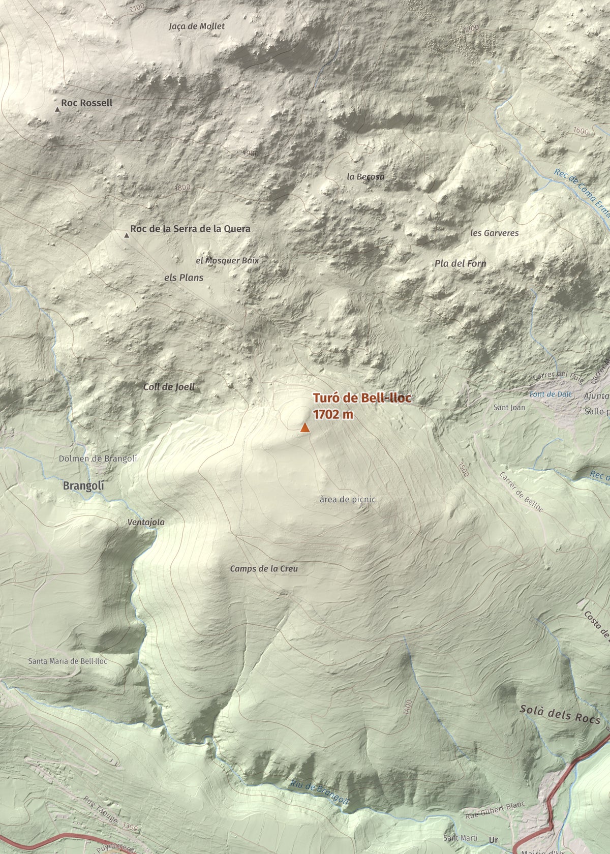 Mapa de relieve de Turó de Bell-lloc, 1702 m, Cerdanya Nord, lámina 100 Cims de Trobart. Detalle de la zona central. 50 × 70 cm.