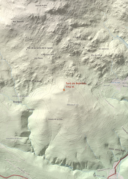 Mapa de relieve de Turó de Bell-lloc, 1702 m, Cerdanya Nord, lámina 100 Cims de Trobart. Detalle de la zona central. 50 × 70 cm.