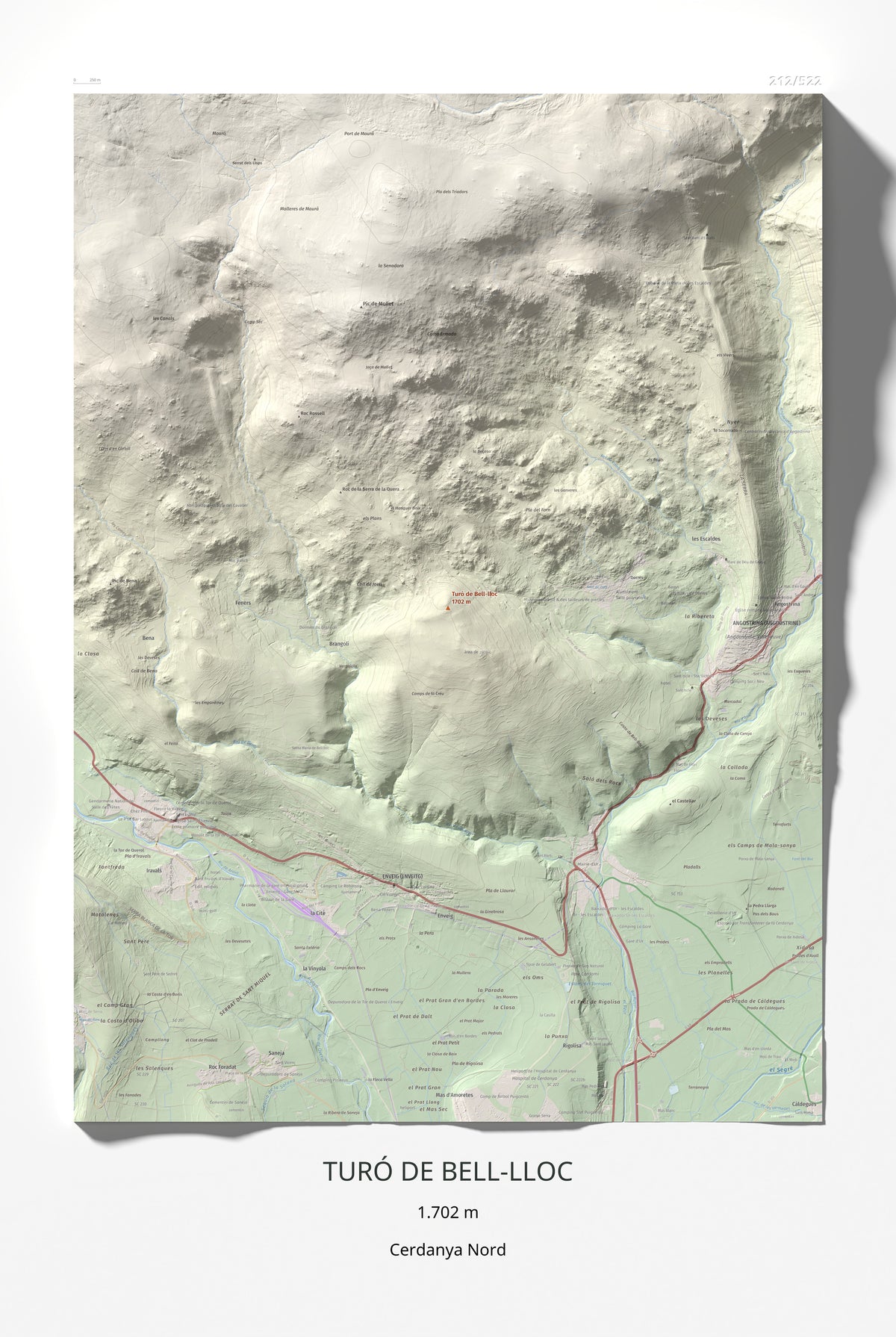 Mapa de relieve de Turó de Bell-lloc, 1702 m, Cerdanya Nord, lámina 100 Cims de Trobart 61 × 91 cm.