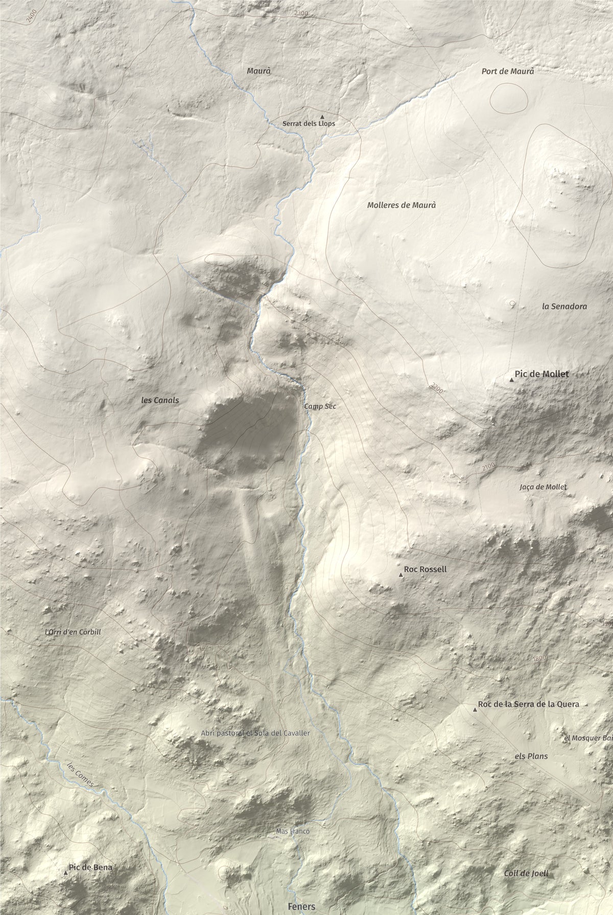 Mapa de relieve de Turó de Bell-lloc, 1702 m, Cerdanya Nord, lámina 100 Cims de Trobart. Detalle de la zona superior izquierda. 61 × 91 cm.