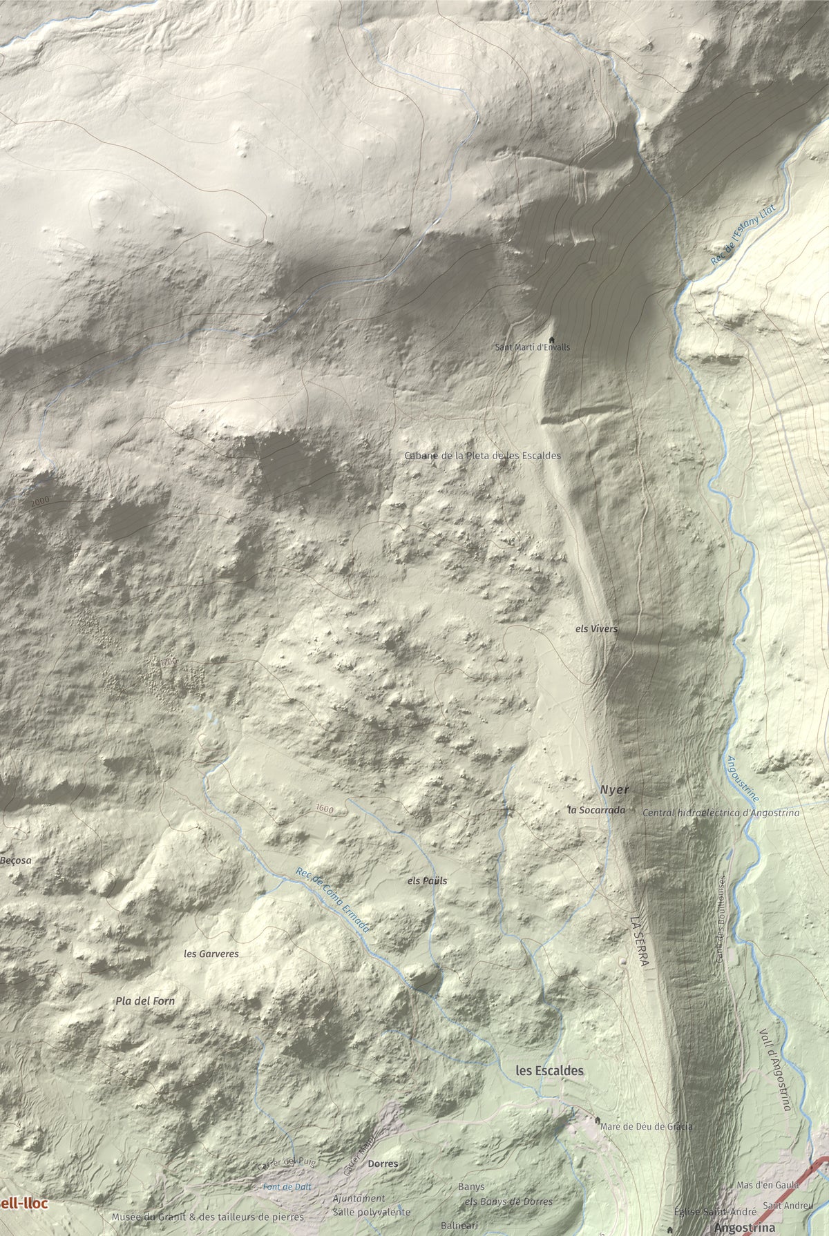 Mapa de relieve de Turó de Bell-lloc, 1702 m, Cerdanya Nord, lámina 100 Cims de Trobart. Detalle de la zona superior derecha. 61 × 91 cm.