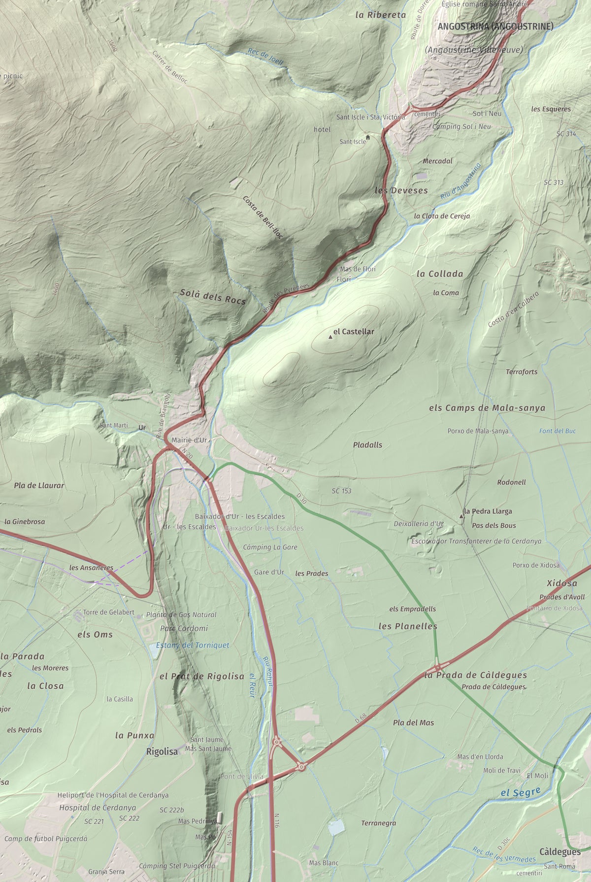 Mapa de relieve de Turó de Bell-lloc, 1702 m, Cerdanya Nord, lámina 100 Cims de Trobart. Detalle de la zona inferior derecha. 61 × 91 cm.