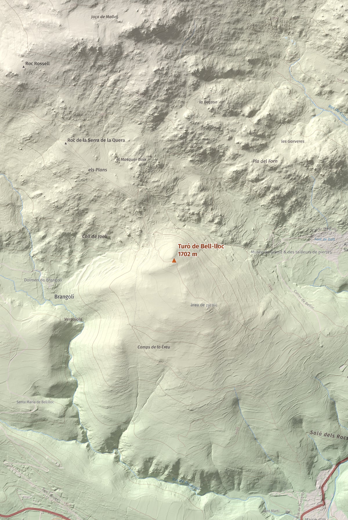 Mapa de relieve de Turó de Bell-lloc, 1702 m, Cerdanya Nord, lámina 100 Cims de Trobart. Detalle de la zona central. 61 × 91 cm.