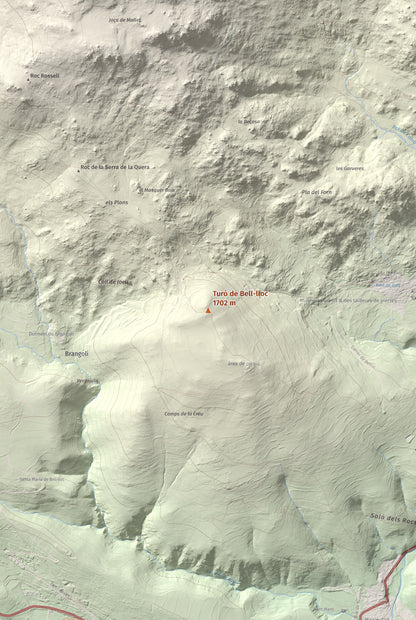 Mapa de relieve de Turó de Bell-lloc, 1702 m, Cerdanya Nord, lámina 100 Cims de Trobart. Detalle de la zona central. 61 × 91 cm.