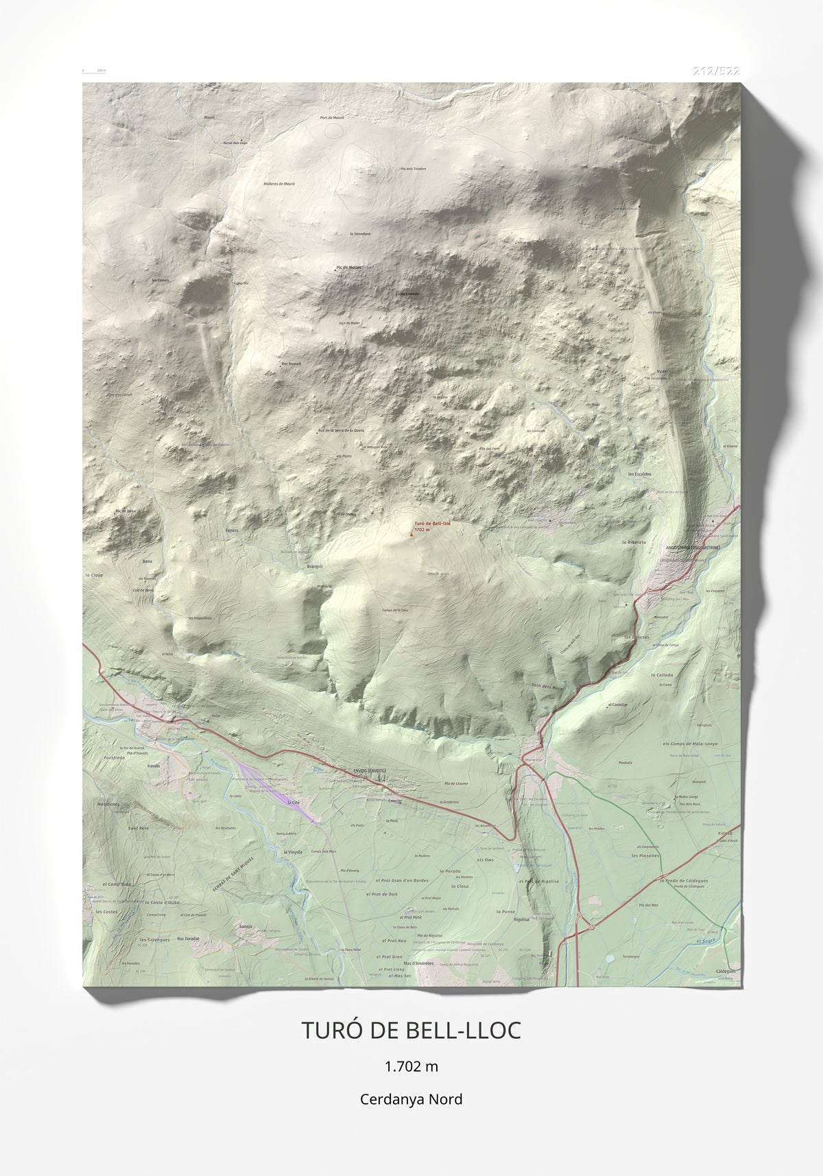 Mapa de relieve de Turó de Bell-lloc, 1702 m, Cerdanya Nord, lámina 100 Cims de Trobart 70 × 100 cm.