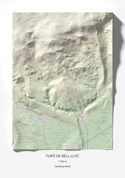 Mapa de relieve de Turó de Bell-lloc, 1702 m, Cerdanya Nord, lámina 100 Cims de Trobart 70 × 100 cm.
