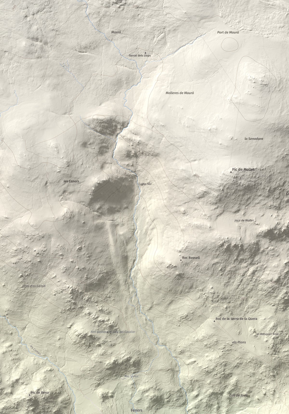 Mapa de relieve de Turó de Bell-lloc, 1702 m, Cerdanya Nord, lámina 100 Cims de Trobart. Detalle de la zona superior izquierda. 70 × 100 cm.